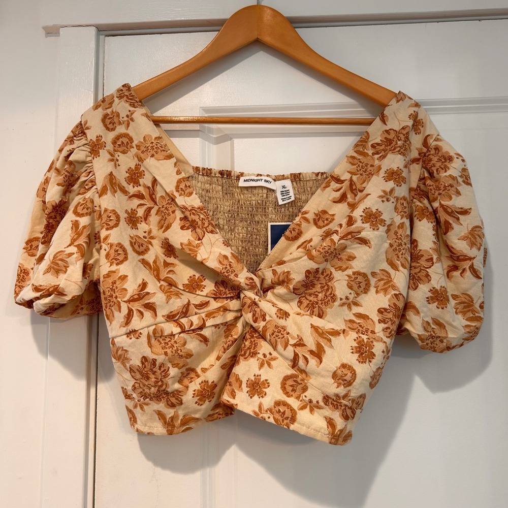 NWT Midnight Sky Floral Coquette‎ Linen Babydoll Crop Top Womens XL Resortwear